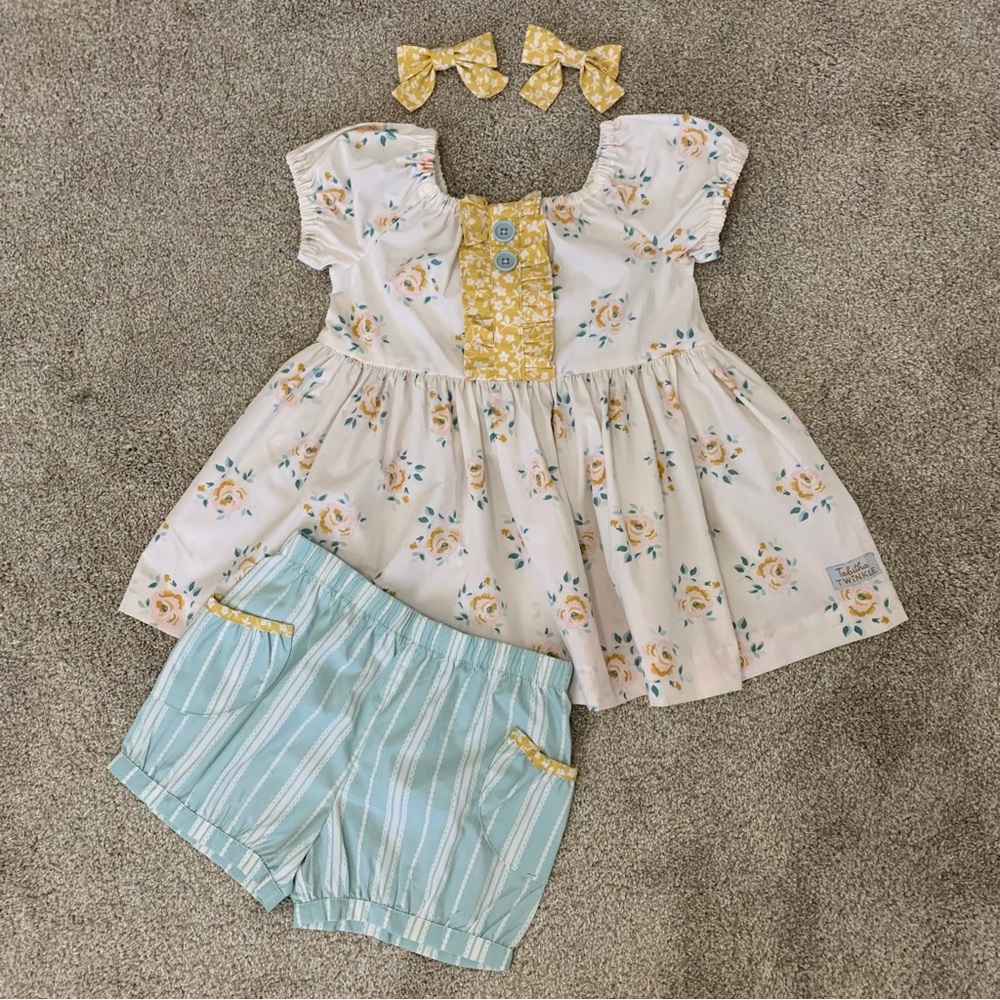Tabitha Twinkle 5-6 shorts set and bows